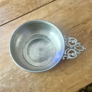 Well loved pewter bowl vintage WEB 1176 Porringer with filigree handle